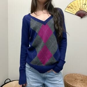 y2k purple preppy academia argyle v neck wool cotton blend sweater